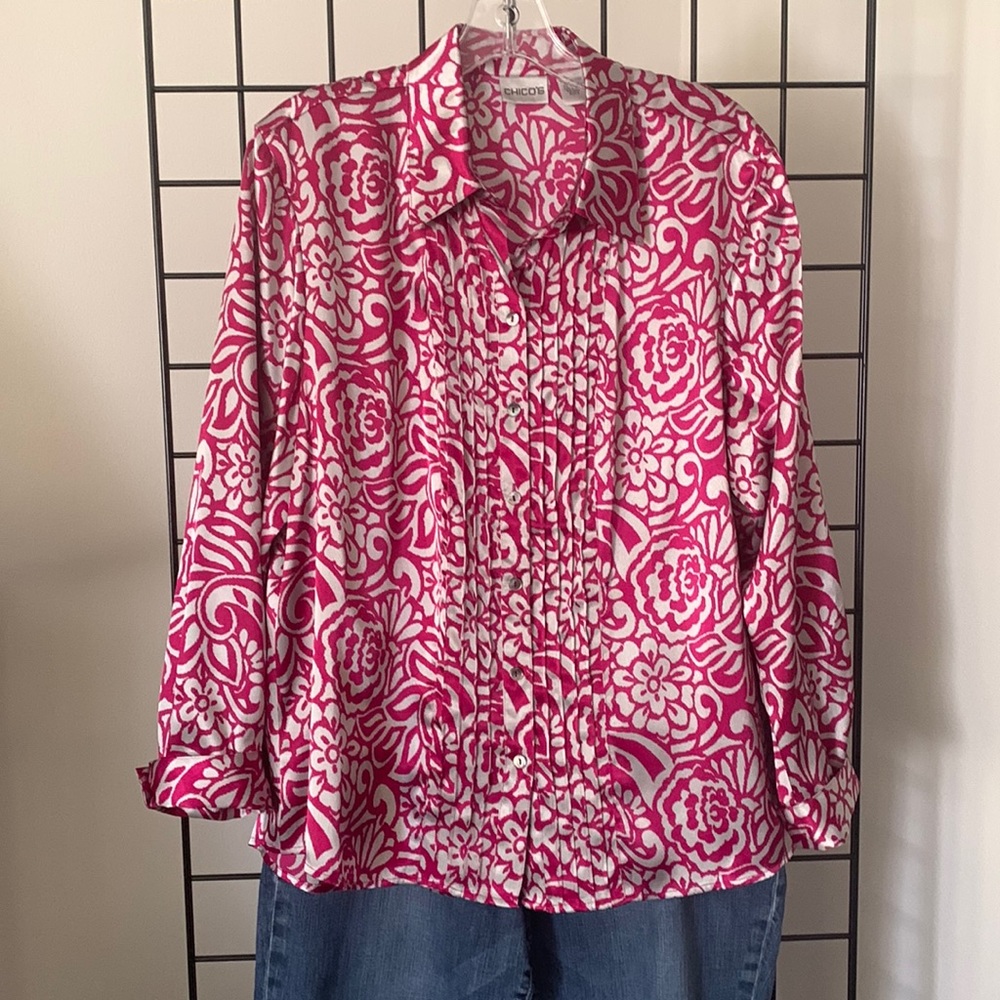 Chico’s Long Sleeve Satin Blouse - Fuchsia & Grey